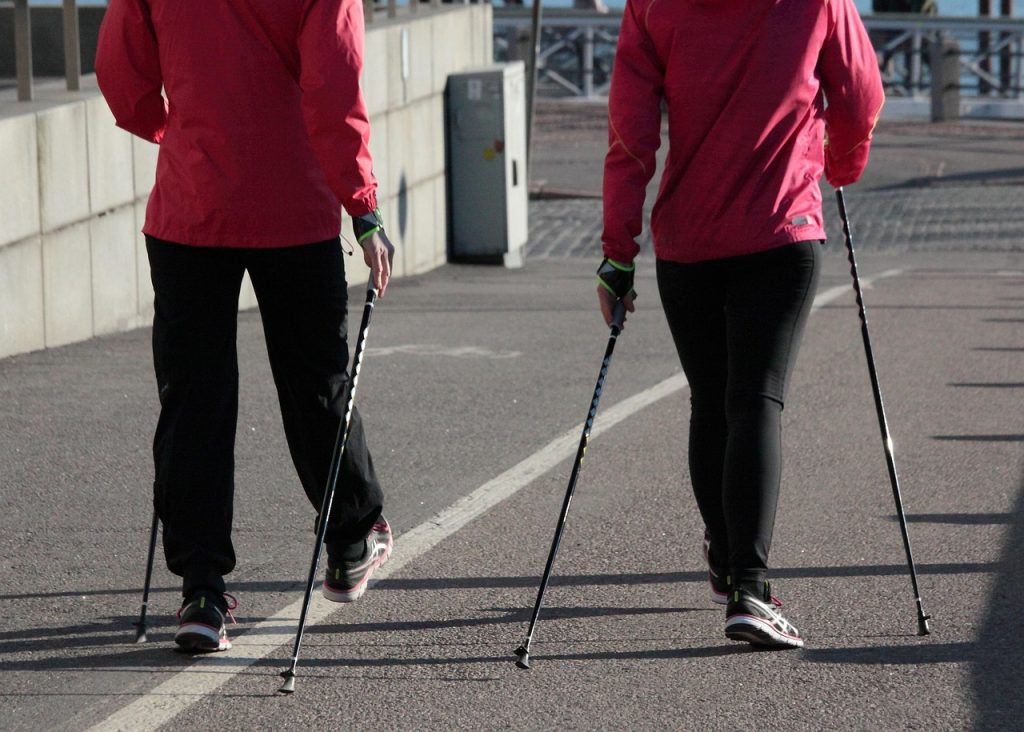 nordic walking, summer, fitness, sportswear, city, walking sticks, finnish fitness, pink, man, exercise, nature, sport, footwear